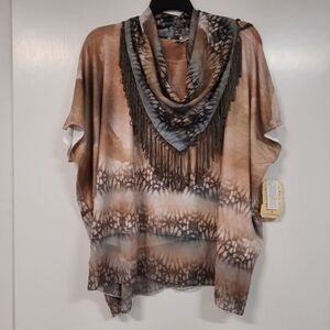 One World Women's Top Sz XL Removable Fringe Scarf Art To Wear Tan Tie Dye Boho